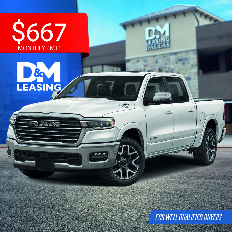 Profile shot of a rugged 2026 Ram 1500 Laramie Crew Cab 4X4 with a power tailgate and premium chrome accents.